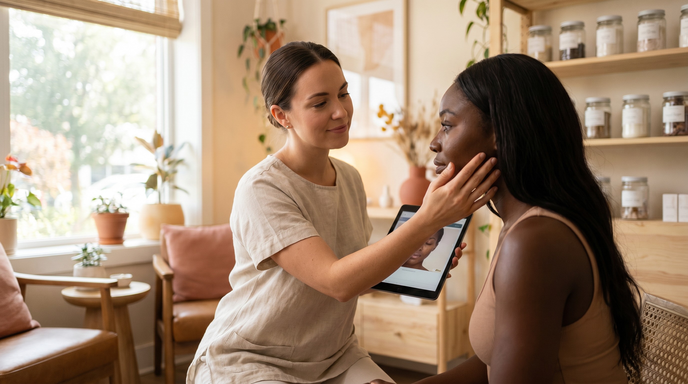 A specialist consulting with a client about her skin